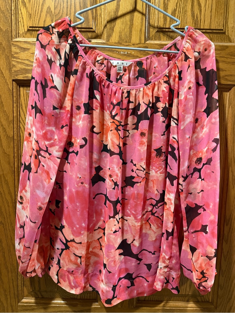 CAbi Pink and Black Floral Peasant Blouse